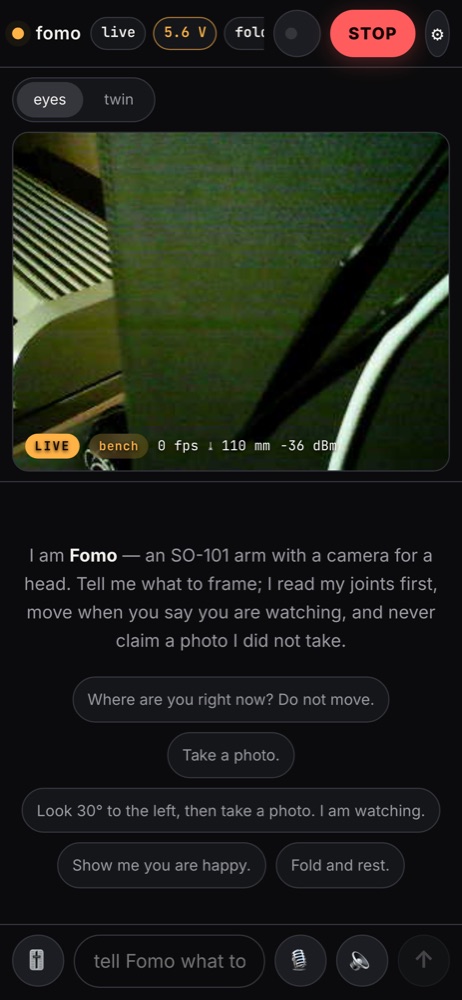 the cockpit on a phone: eyes on top behind an eyes/twin tab, Fomo's opening line, suggested prompts, composer pinned above the home indicator