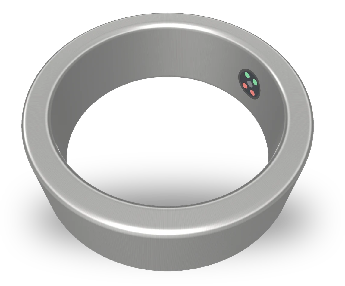 The ring in brushed silver: a plain band with a small optical sensor window on the inside