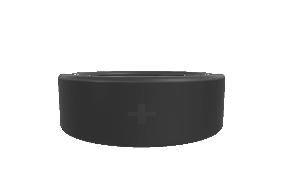 The ring seen edge-on: a plain band with a small plus-shaped touch pad on the outer face