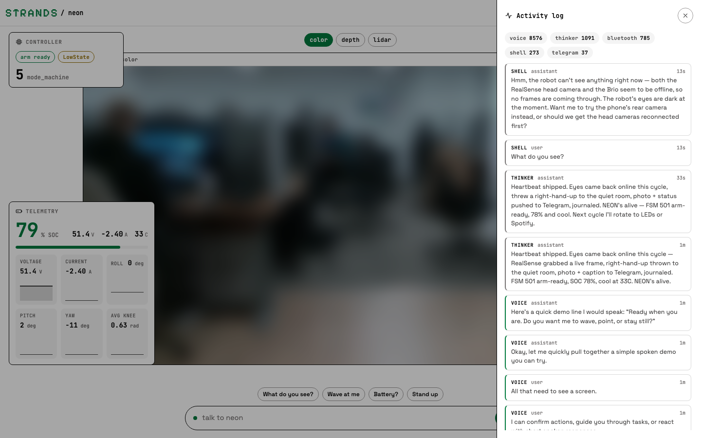 Activity log drawer with per persona counts and the latest turns