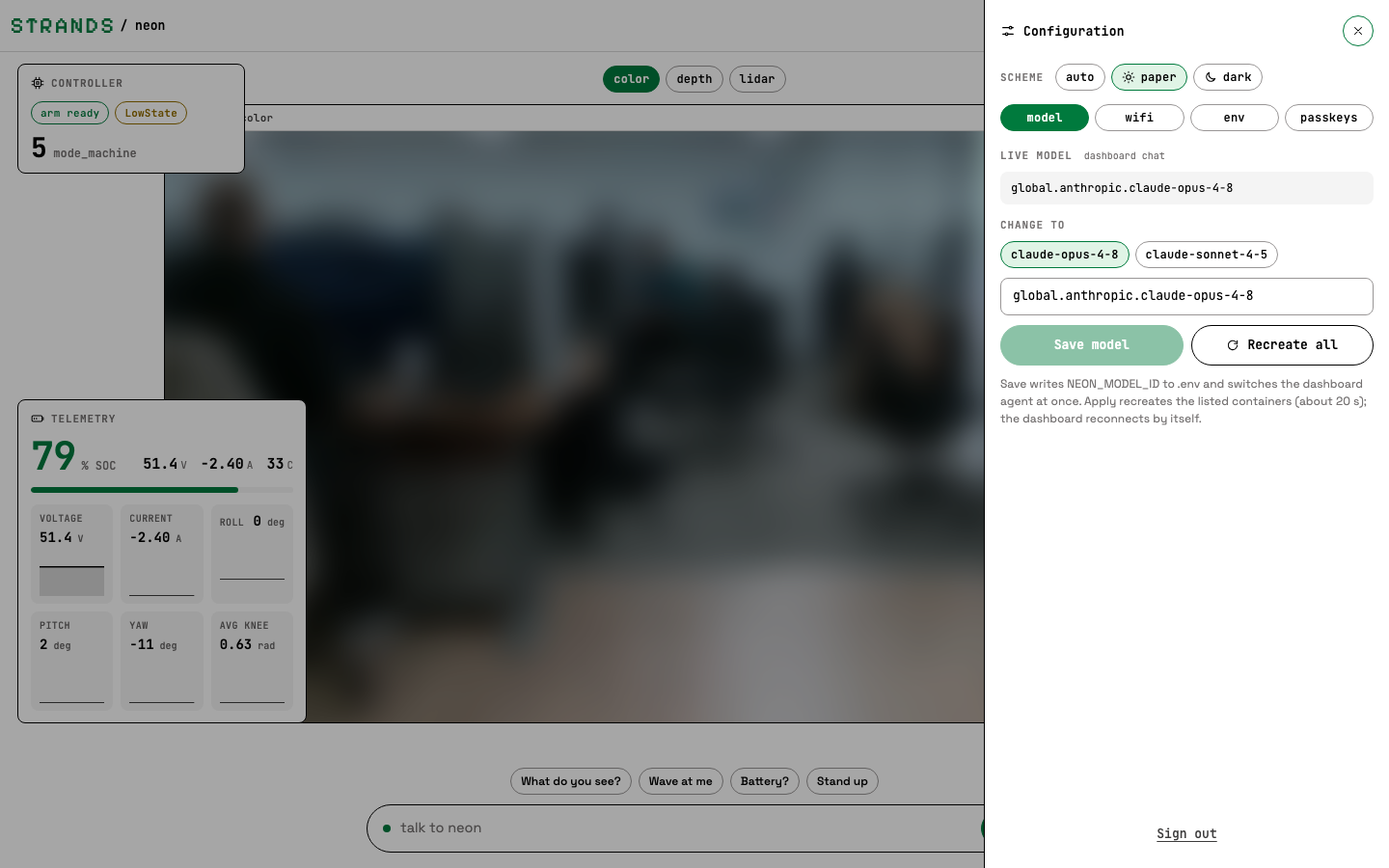 Configuration drawer: scheme row, model tab with live and configured model