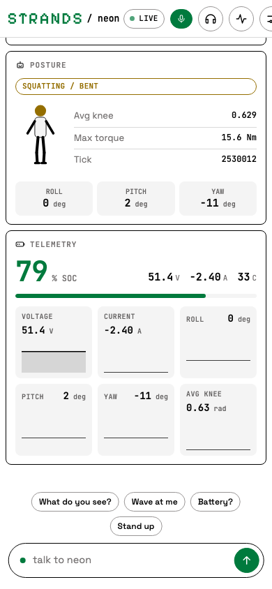 Phone: posture and telemetry cards above the docked composer