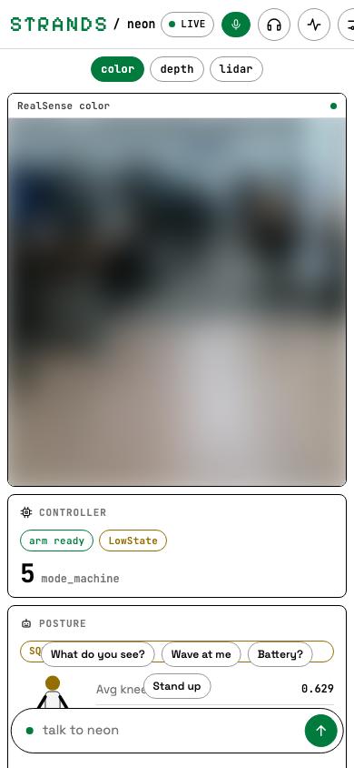 Phone: topbar, view pills, camera stage
