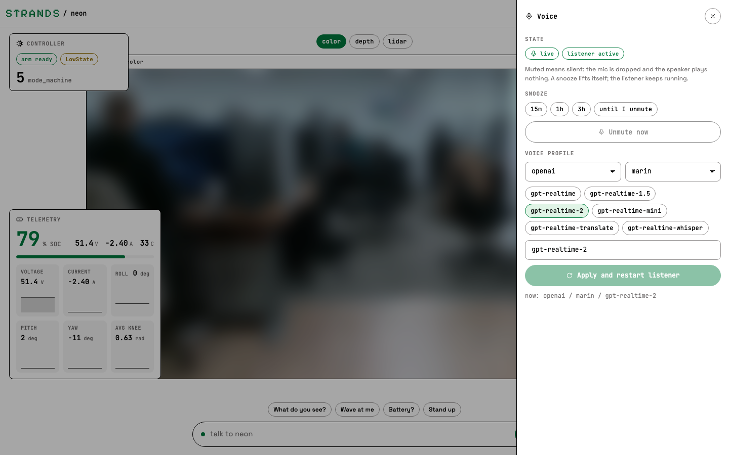 Voice drawer: state live, snooze buttons, provider, voice and model pickers