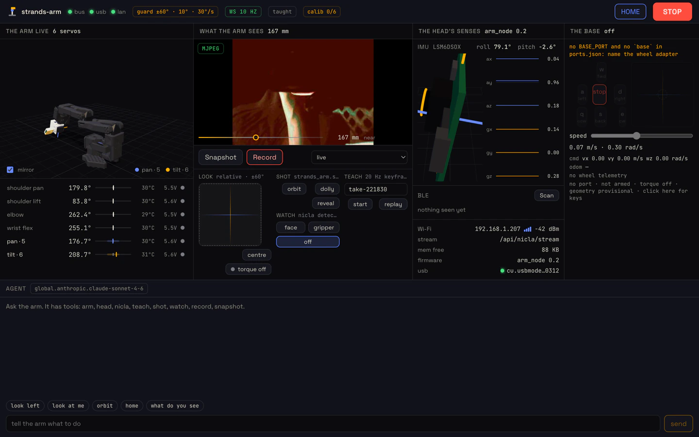 The dashboard: live 3D mirror, camera, senses, chat agent