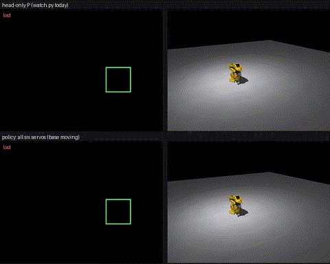 frame_mobile: head-only P (top) vs the policy (bottom), base moving
