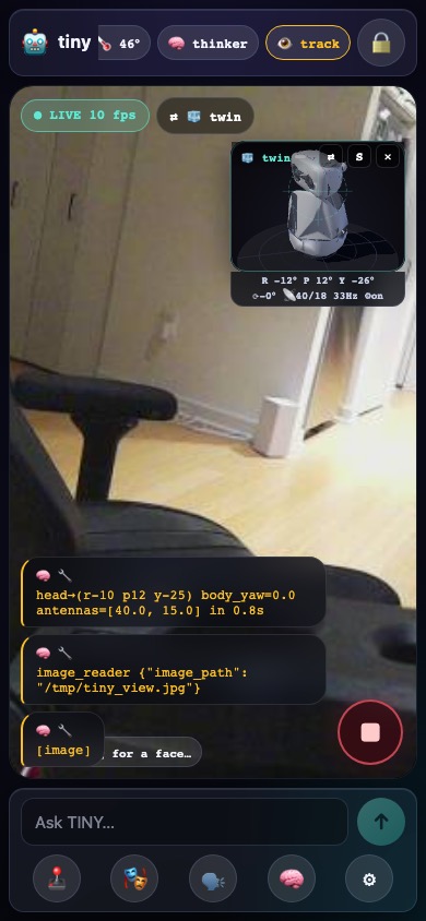 The cockpit on a 390×844 phone: camera, twin PiP card in a corner, pills for motors, Wi-Fi and CM4 temperature