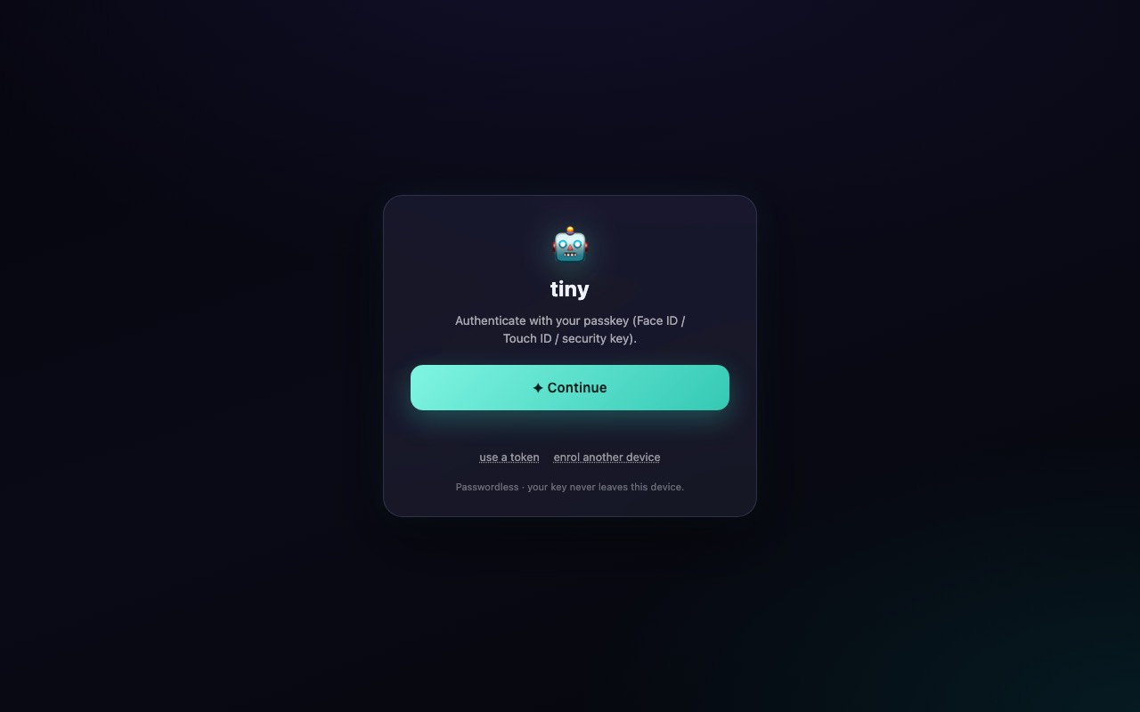 What an anonymous visitor sees at reachy.cagatay.my: the passkey gate — Continue, use a token, enrol another device